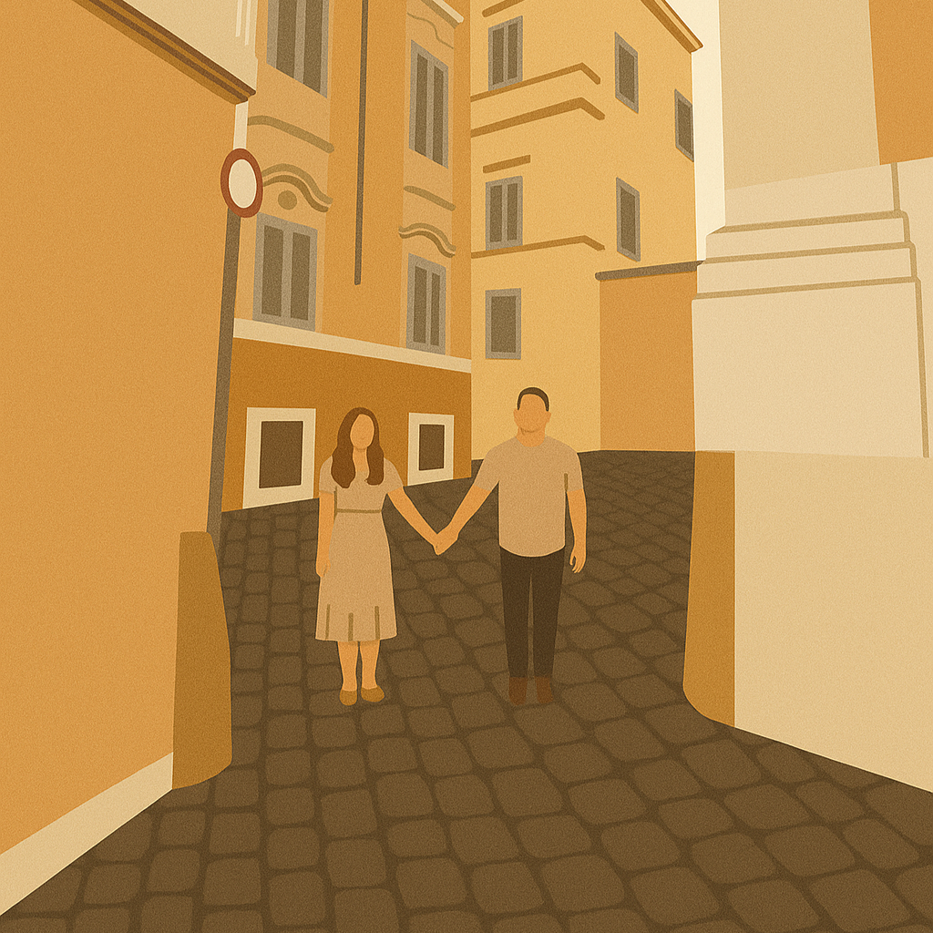 Flat-style custom illustration of a couple holding hands in an old Italian street — romantic travel keepsake magnet