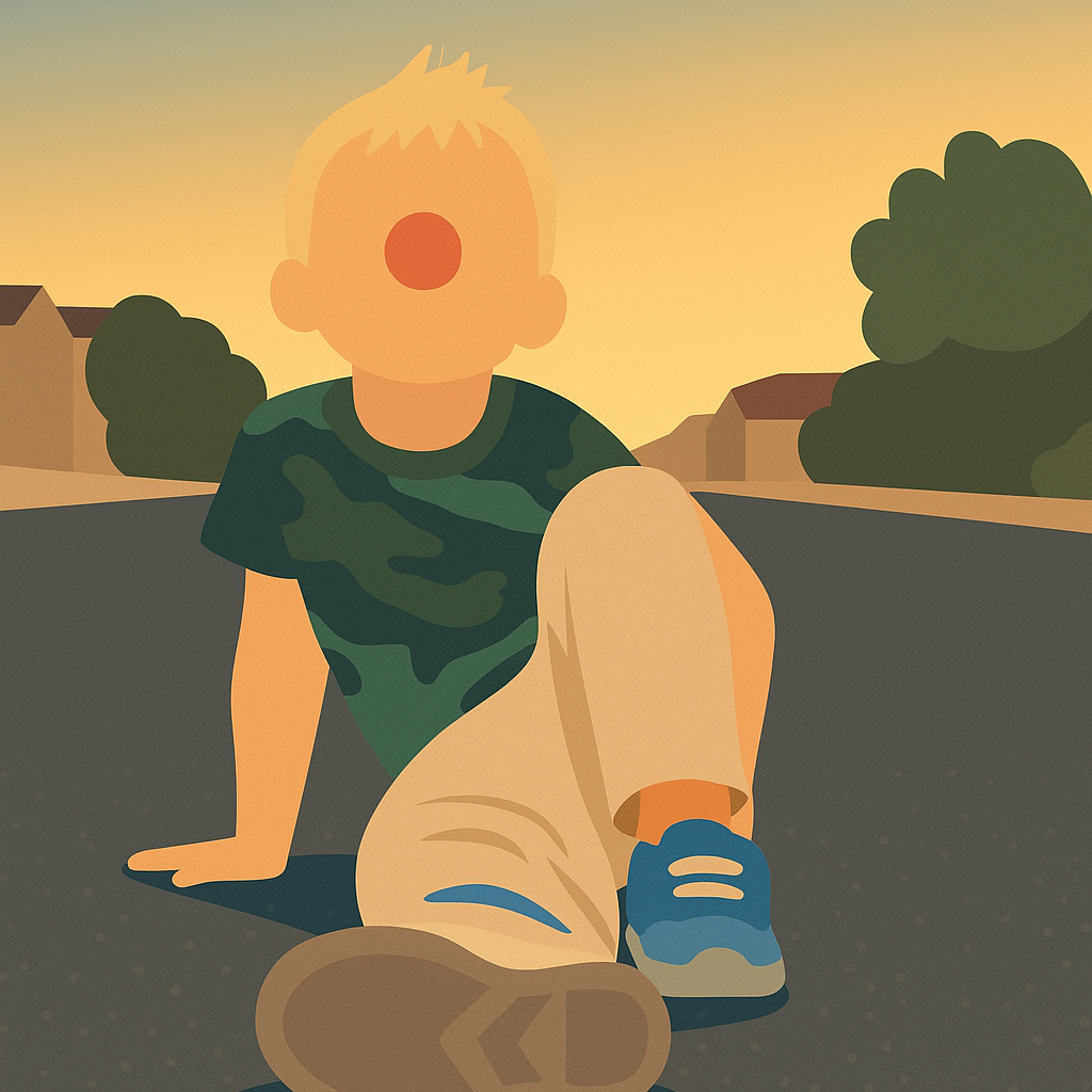 Custom illustrated magnet of a young boy sitting on the street at sunset — personalized child memory magnet