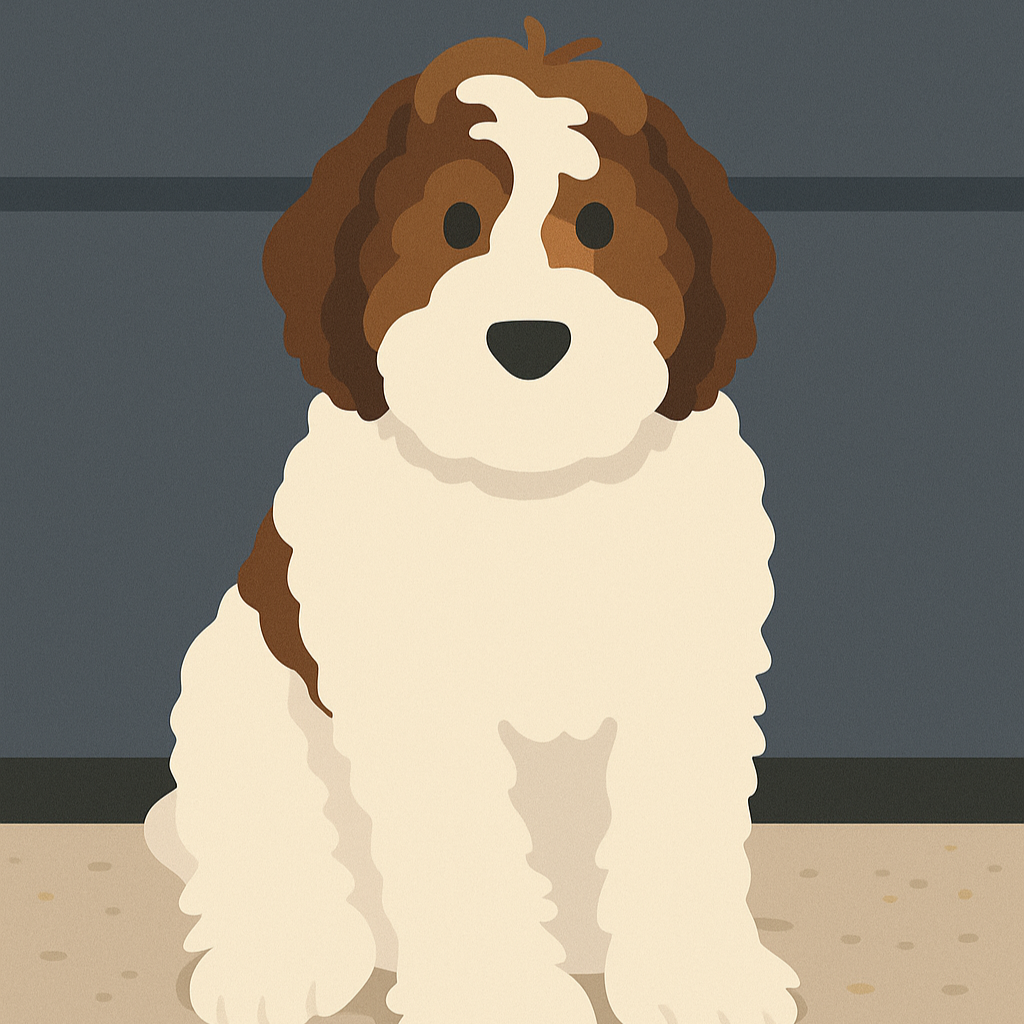 Flat-style illustrated magnet of a fluffy doodle dog — custom pet keepsake from photo