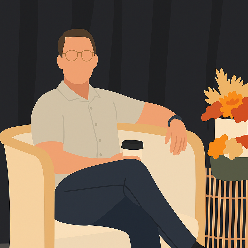 Custom illustrated magnet of a man seated on a modern chair with coffee — personalized professional or dad gift