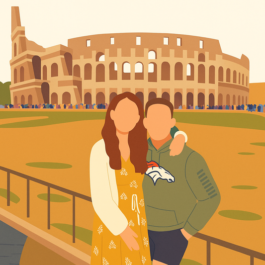 Flat-style custom illustration of a couple posing in front of the Roman Colosseum — personalized photo magnet keepsake from Italy vacation