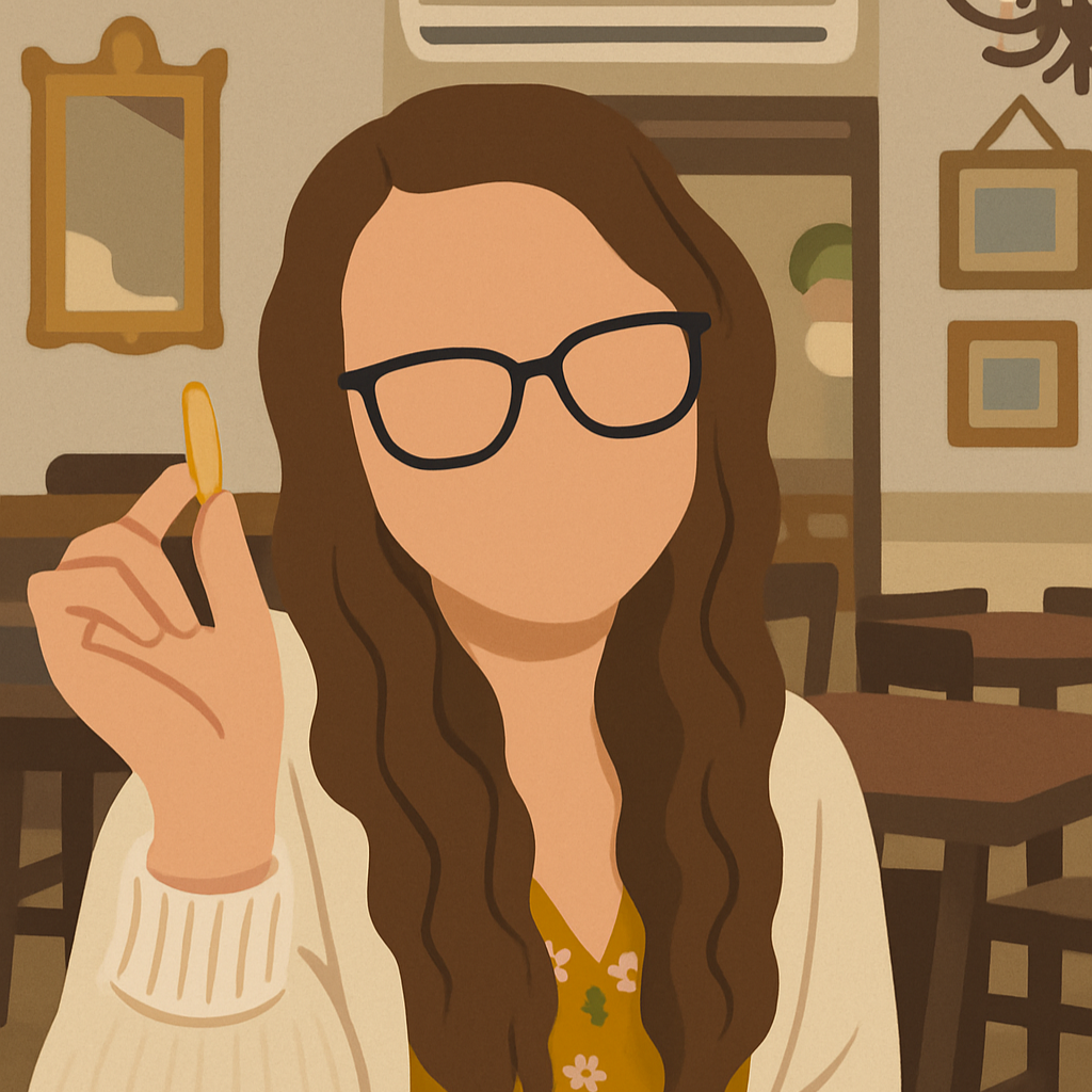 Flat-style custom illustrated magnet of a woman holding a fry in a cozy café setting — personalized art from photo