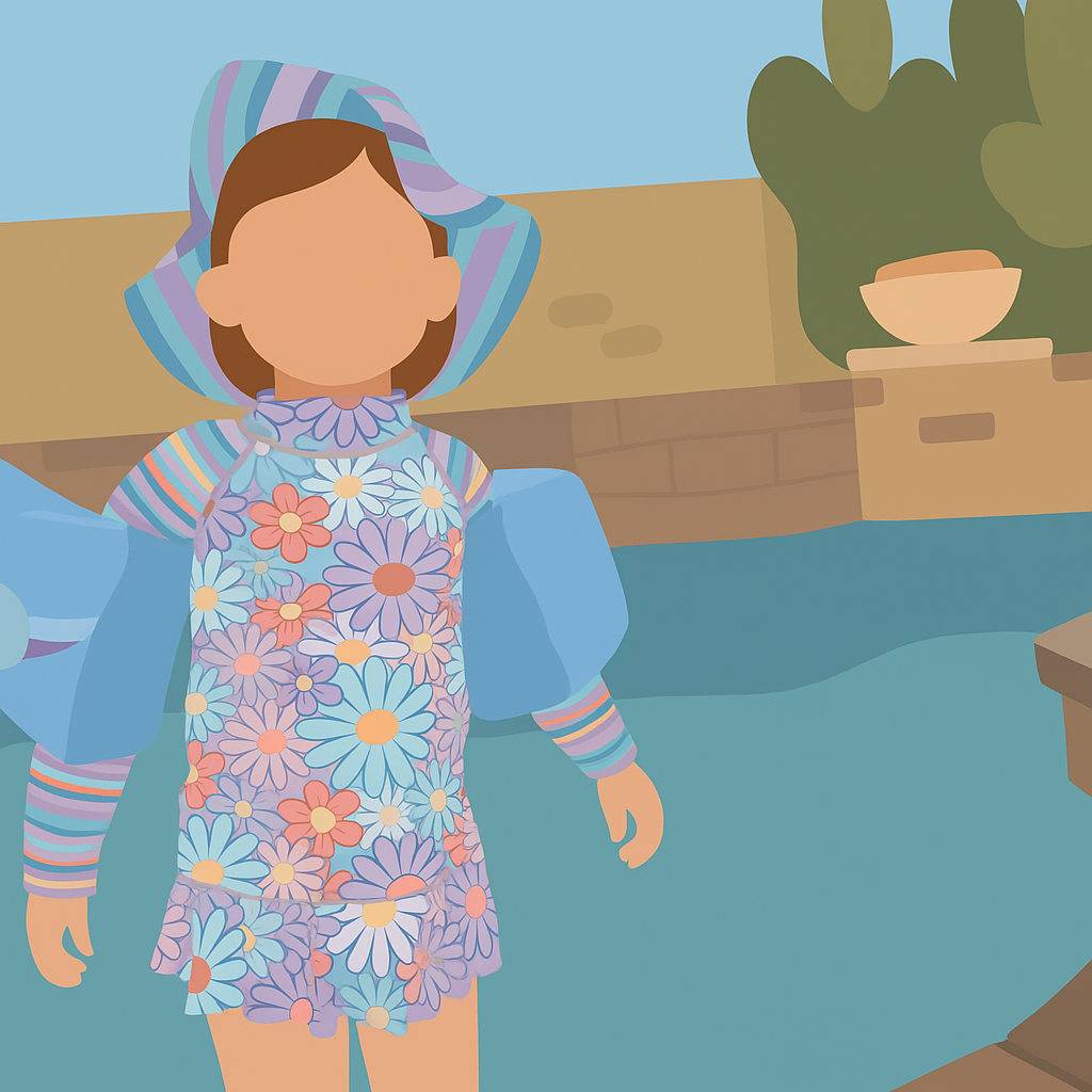 Illustrated magnet of a little girl in a floral swimsuit by the pool — custom summer moment art from photo
